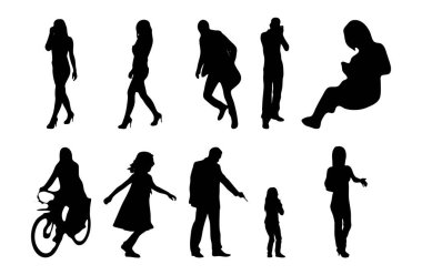 Vektör siluetleri, insanların ana hatları, Contour çizimleri, insanların siluetleri, ikon kümesi izole edilmiş, oturan insanların silueti, mimari set
