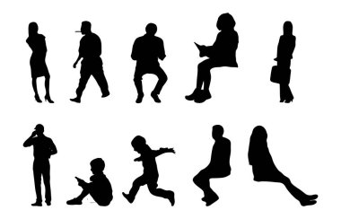 Vektör siluetleri, insanların ana hatları, Contour çizimleri, insanların siluetleri, ikon kümesi izole edilmiş, oturan insanların silueti, mimari set
