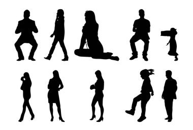 Vektör siluetleri, insanların ana hatları, Contour çizimleri, insanların siluetleri, ikon kümesi izole edilmiş, oturan insanların silueti, mimari set