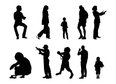 Vektör siluetleri, insanların ana hatları, Contour çizimleri, insanların siluetleri, ikon kümesi izole edilmiş, oturan insanların silueti, mimari set