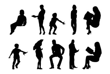 Vektör siluetleri, insanların ana hatları, Contour çizimleri, insanların siluetleri, ikon kümesi izole edilmiş, oturan insanların silueti, mimari set
