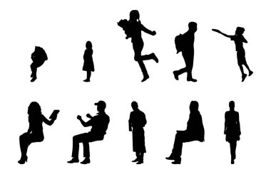 Vektör siluetleri, insanların ana hatları, Contour çizimleri, insanların siluetleri, ikon kümesi izole edilmiş, oturan insanların silueti, mimari set