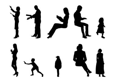 Vektör siluetleri, insanların ana hatları, Contour çizimleri, insanların siluetleri, ikon kümesi izole edilmiş, oturan insanların silueti, mimari set