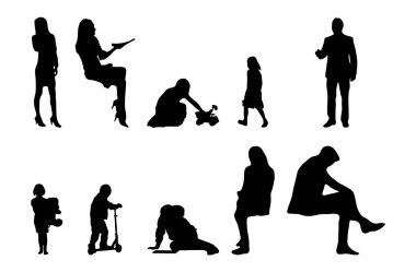 Vektör siluetleri, insanların ana hatları, Contour çizimleri, insanların siluetleri, ikon kümesi izole edilmiş, oturan insanların silueti, mimari set