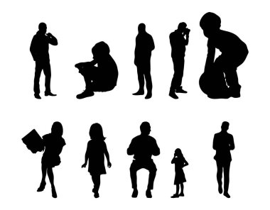 Vektör siluetleri, insanların ana hatları, Contour çizimleri, insanların siluetleri, ikon kümesi izole edilmiş, oturan insanların silueti, mimari set