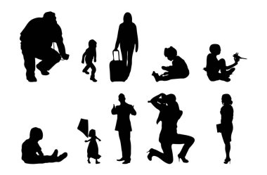 Vektör siluetleri, insanların ana hatları, Contour çizimleri, insanların siluetleri, ikon kümesi izole edilmiş, oturan insanların silueti, mimari set