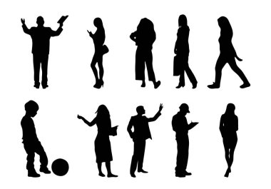 Vektör siluetleri, insanların ana hatları, Contour çizimleri, insanların siluetleri, ikon kümesi izole edilmiş, oturan insanların silueti, mimari set