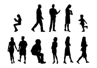 Vektör siluetleri, insanların ana hatları, Contour çizimleri, insanların siluetleri, ikon kümesi izole edilmiş, oturan insanların silueti, mimari set