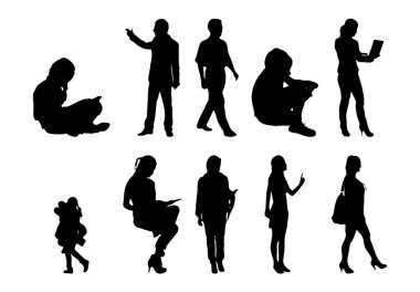 Vektör siluetleri, insanların ana hatları, Contour çizimleri, insanların siluetleri, ikon kümesi izole edilmiş, oturan insanların silueti, mimari set
