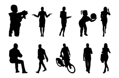 Vektör siluetleri, insanların ana hatları, Contour çizimleri, insanların siluetleri, ikon kümesi izole edilmiş, oturan insanların silueti, mimari set