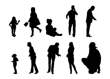 Vektör siluetleri, insanların ana hatları, Contour çizimleri, insanların siluetleri, ikon kümesi izole edilmiş, oturan insanların silueti, mimari set