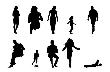 Vektör siluetleri, insanların ana hatları, Contour çizimleri, insanların siluetleri, ikon kümesi izole edilmiş, oturan insanların silueti, mimari set