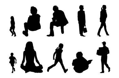 Vektör siluetleri, insanların ana hatları, Contour çizimleri, insanların siluetleri, ikon kümesi izole edilmiş, oturan insanların silueti, mimari set