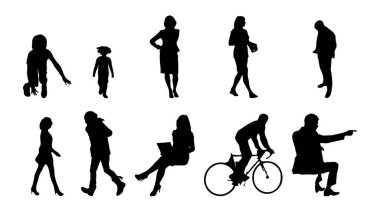 Vektör siluetleri, insanların ana hatları, Contour çizimleri, insanların siluetleri, ikon kümesi izole edilmiş, oturan insanların silueti, mimari set