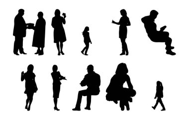 Vektör siluetleri, insanların ana hatları, Contour çizimleri, insanların siluetleri, ikon kümesi izole edilmiş, oturan insanların silueti, mimari set