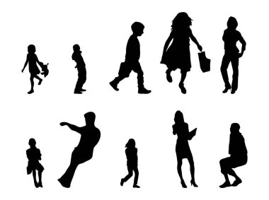 Vektör siluetleri, insanların ana hatları, Contour çizimleri, insanların siluetleri, ikon kümesi izole edilmiş, oturan insanların silueti, mimari set