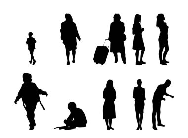 Vektör siluetleri, insanların ana hatları, Contour çizimleri, insanların siluetleri, ikon kümesi izole edilmiş, oturan insanların silueti, mimari set