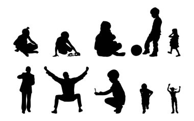 Vektör siluetleri, insanların ana hatları, Contour çizimleri, insanların siluetleri, ikon kümesi izole edilmiş, oturan insanların silueti, mimari set