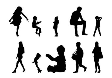 Vektör siluetleri, insanların ana hatları, Contour çizimleri, insanların siluetleri, ikon kümesi izole edilmiş, oturan insanların silueti, mimari set