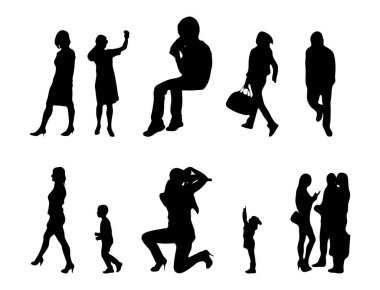 Vektör siluetleri, insanların ana hatları, Contour çizimleri, insanların siluetleri, ikon kümesi izole edilmiş, oturan insanların silueti, mimari set
