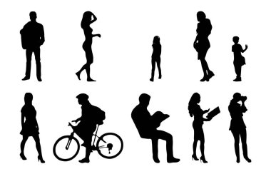 Vektör siluetleri, insanların ana hatları, Contour çizimleri, insanların siluetleri, ikon kümesi izole edilmiş, oturan insanların silueti, mimari set