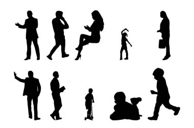 Vektör siluetleri, insanların ana hatları, Contour çizimleri, insanların siluetleri, ikon kümesi izole edilmiş, oturan insanların silueti, mimari set