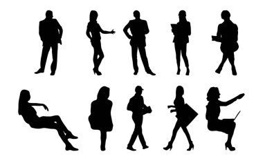 Vektör siluetleri, insanların ana hatları, Contour çizimleri, insanların siluetleri, ikon kümesi izole edilmiş, oturan insanların silueti, mimari set