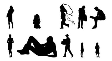Vektör siluetleri, insanların ana hatları, Contour çizimleri, insanların siluetleri, ikon kümesi izole edilmiş, oturan insanların silueti, mimari set