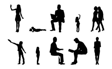 Vektör siluetleri, insanların ana hatları, Contour çizimleri, insanların siluetleri, ikon kümesi izole edilmiş, oturan insanların silueti, mimari set