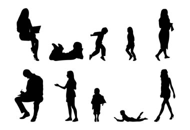 Vektör siluetleri, insanların ana hatları, Contour çizimleri, insanların siluetleri, ikon kümesi izole edilmiş, oturan insanların silueti, mimari set
