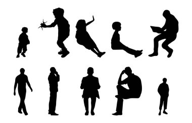 Vektör siluetleri, insanların ana hatları, Contour çizimleri, insanların siluetleri, ikon kümesi izole edilmiş, oturan insanların silueti, mimari set