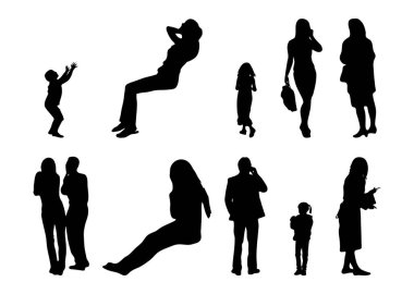 Vektör siluetleri, insanların ana hatları, Contour çizimleri, insanların siluetleri, ikon kümesi izole edilmiş, oturan insanların silueti, mimari set