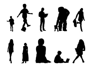 Vektör siluetleri, insanların ana hatları, Contour çizimleri, insanların siluetleri, ikon kümesi izole edilmiş, oturan insanların silueti, mimari set