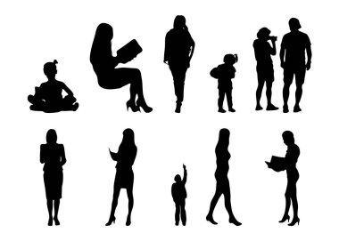 Vektör siluetleri, insanların ana hatları, Contour çizimleri, insanların siluetleri, ikon kümesi izole edilmiş, oturan insanların silueti, mimari set