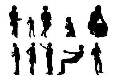 Vektör siluetleri, insanların ana hatları, Contour çizimleri, insanların siluetleri, ikon kümesi izole edilmiş, oturan insanların silueti, mimari set