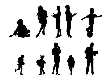 Vektör siluetleri, insanların ana hatları, Contour çizimleri, insanların siluetleri, ikon kümesi izole edilmiş, oturan insanların silueti, mimari set