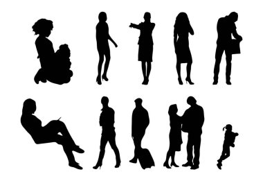 Vektör siluetleri, insanların ana hatları, Contour çizimleri, insanların siluetleri, ikon kümesi izole edilmiş, oturan insanların silueti, mimari set