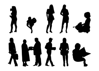 Vektör siluetleri, insanların ana hatları, Contour çizimleri, insanların siluetleri, ikon kümesi izole edilmiş, oturan insanların silueti, mimari set