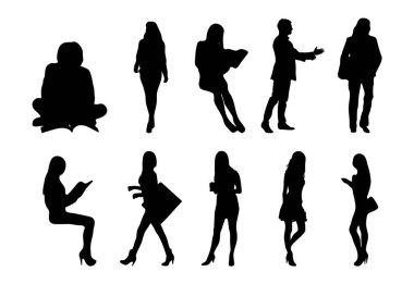 Vektör siluetleri, insanların ana hatları, Contour çizimleri, insanların siluetleri, ikon kümesi izole edilmiş, oturan insanların silueti, mimari set