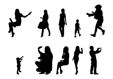 Vektör siluetleri, insanların ana hatları, Contour çizimleri, insanların siluetleri, ikon kümesi izole edilmiş, oturan insanların silueti, mimari set