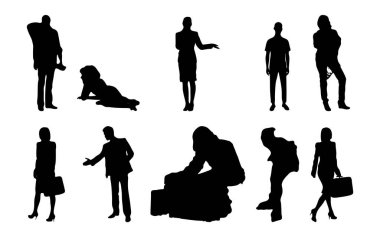 Vektör siluetleri, insanların ana hatları, Contour çizimleri, insanların siluetleri, ikon kümesi izole edilmiş, oturan insanların silueti, mimari set