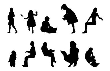Vektör siluetleri, insanların ana hatları, Contour çizimleri, insanların siluetleri, ikon kümesi izole edilmiş, oturan insanların silueti, mimari set