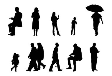 Vektör siluetleri, insanların ana hatları, Contour çizimleri, insanların siluetleri, ikon kümesi izole edilmiş, oturan insanların silueti, mimari set