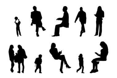 Vektör siluetleri, insanların ana hatları, Contour çizimleri, insanların siluetleri, ikon kümesi izole edilmiş, oturan insanların silueti, mimari set