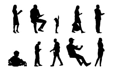 Vektör siluetleri, insanların ana hatları, Contour çizimleri, insanların siluetleri, ikon kümesi izole edilmiş, oturan insanların silueti, mimari set