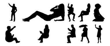 Vektör siluetleri, insanların ana hatları, Contour çizimleri, insanların siluetleri, ikon kümesi izole edilmiş, oturan insanların silueti, mimari set