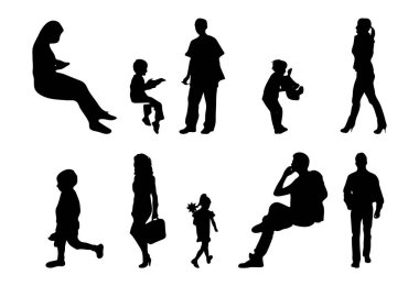 Vektör siluetleri, insanların ana hatları, Contour çizimleri, insanların siluetleri, ikon kümesi izole edilmiş, oturan insanların silueti, mimari set