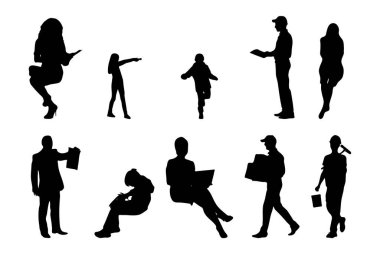 Vektör siluetleri, insanların ana hatları, Contour çizimleri, insanların siluetleri, ikon kümesi izole edilmiş, oturan insanların silueti, mimari set