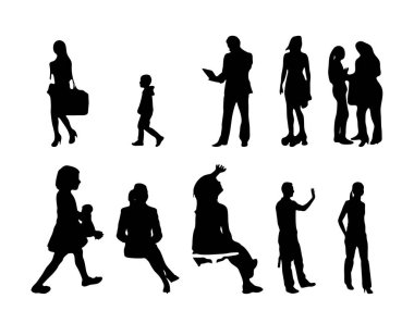 Vektör siluetleri, insanların ana hatları, Contour çizimleri, insanların siluetleri, ikon kümesi izole edilmiş, oturan insanların silueti, mimari set