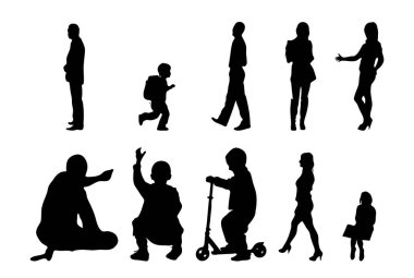Vektör siluetleri, insanların ana hatları, Contour çizimleri, insanların siluetleri, ikon kümesi izole edilmiş, oturan insanların silueti, mimari set